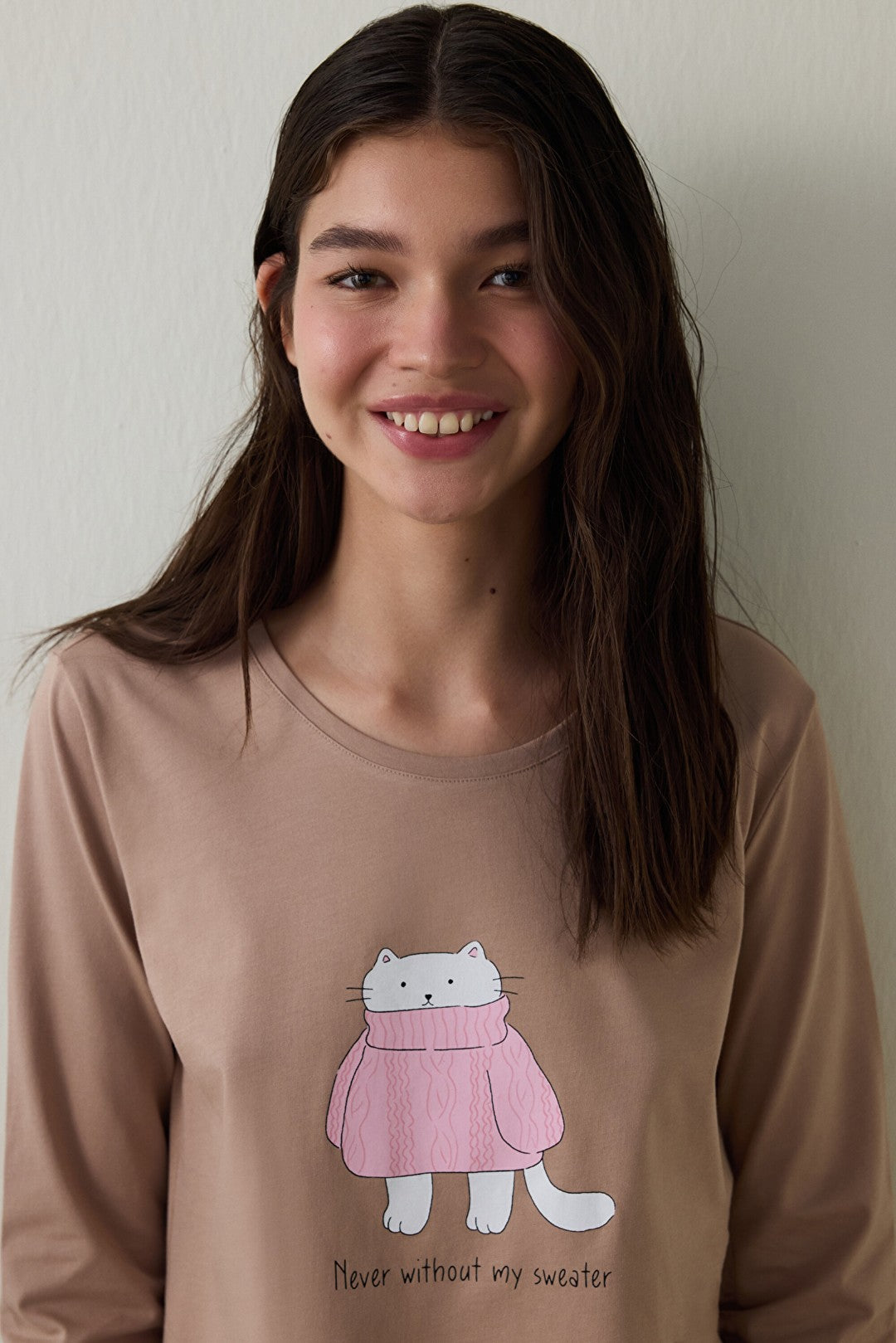 Beige ENT Crew Neck Slogan Printed Cotton Sweatshirt Pajama Set