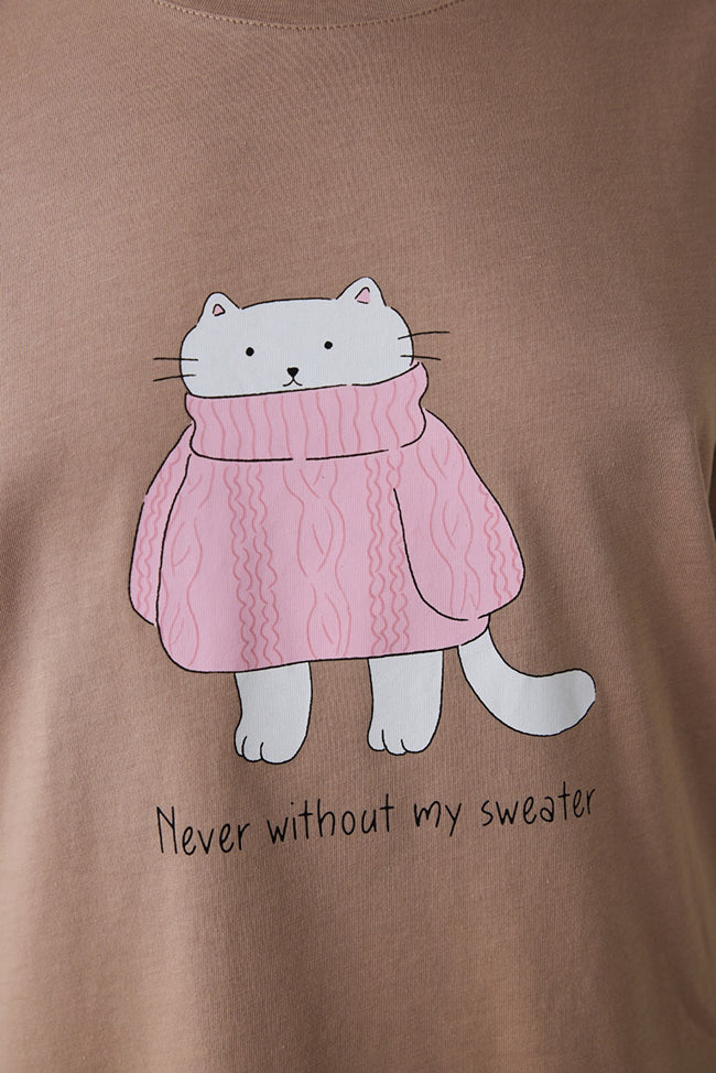 Beige ENT Crew Neck Slogan Printed Cotton Sweatshirt Pajama Set Main Image