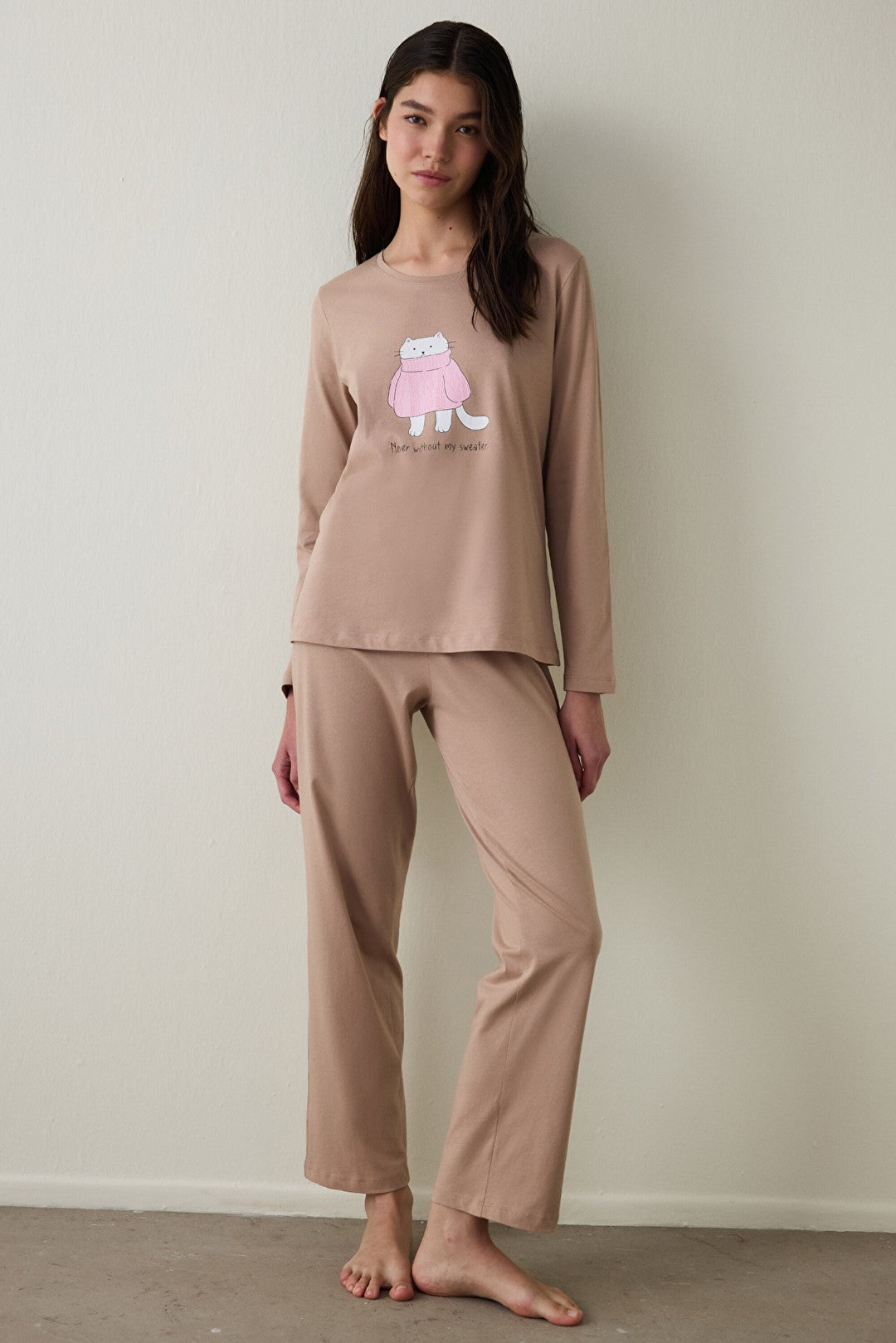 Beige ENT Crew Neck Slogan Printed Cotton Sweatshirt Pajama Set