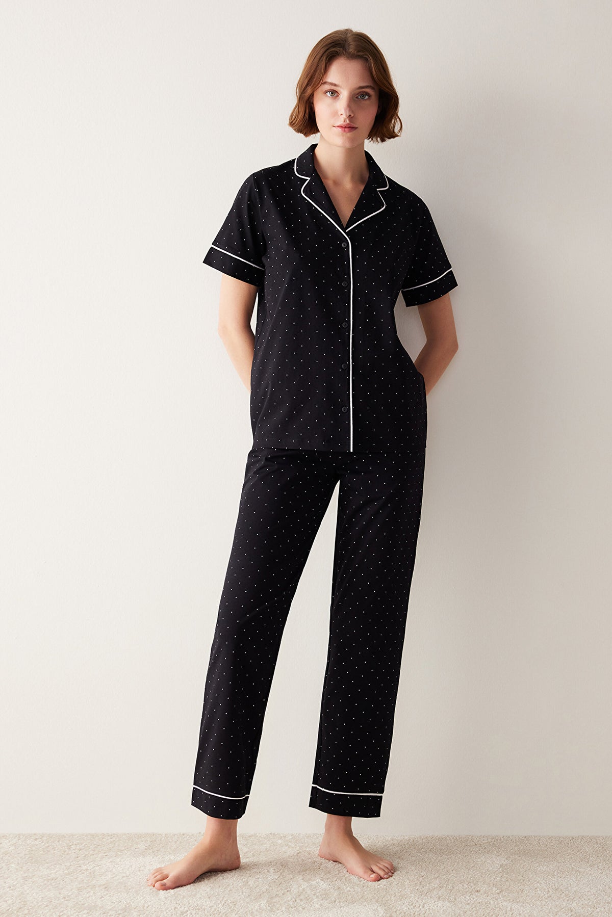 White Dotted Shirt Pants Black Pajama Set
