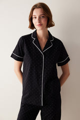 White Dotted Shirt Pants Black Pajama Set