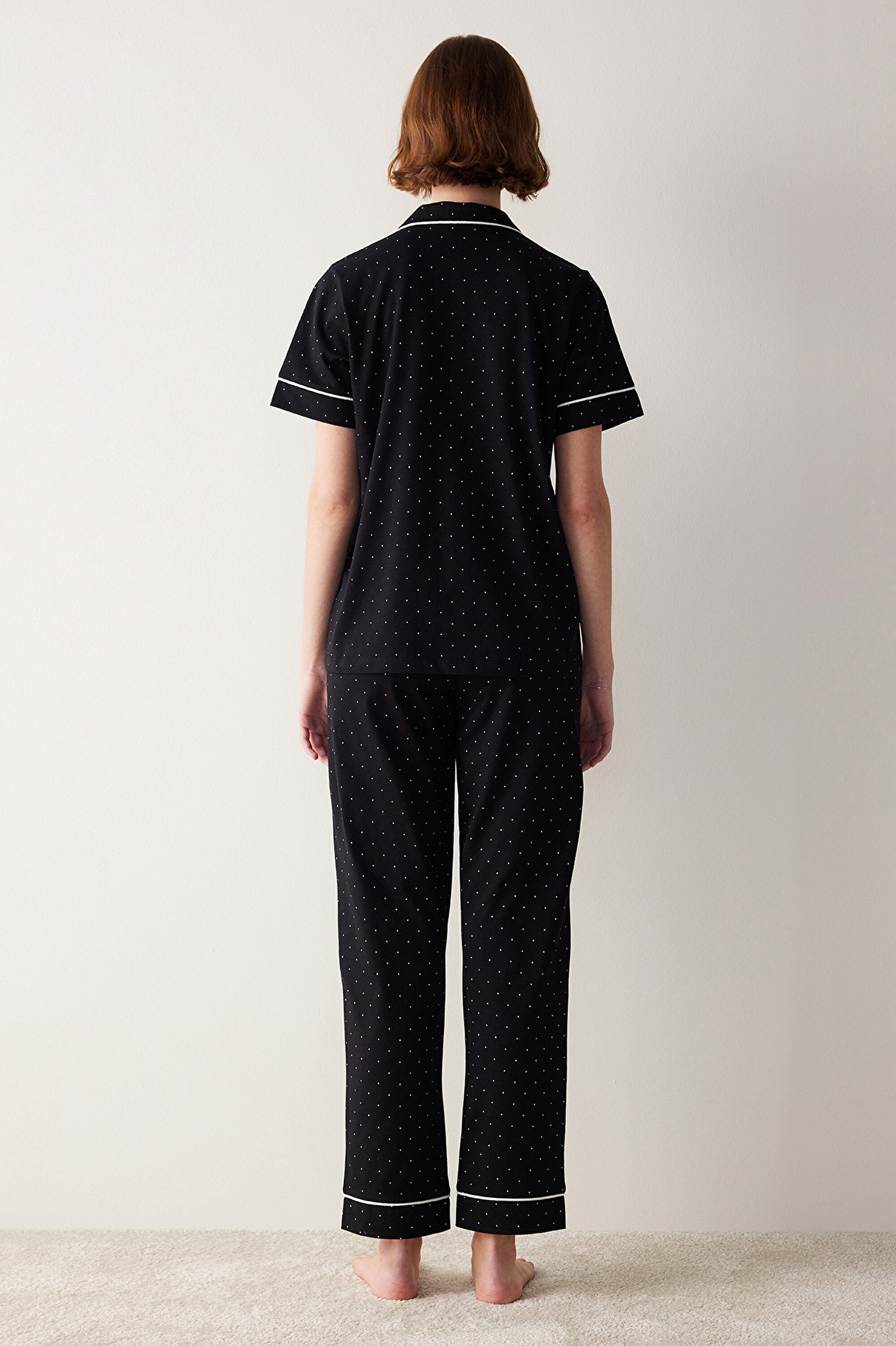 White Dotted Shirt Pants Black Pajama Set