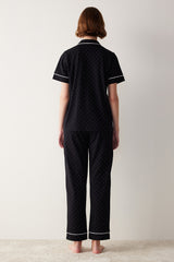 White Dotted Shirt Pants Black Pajama Set