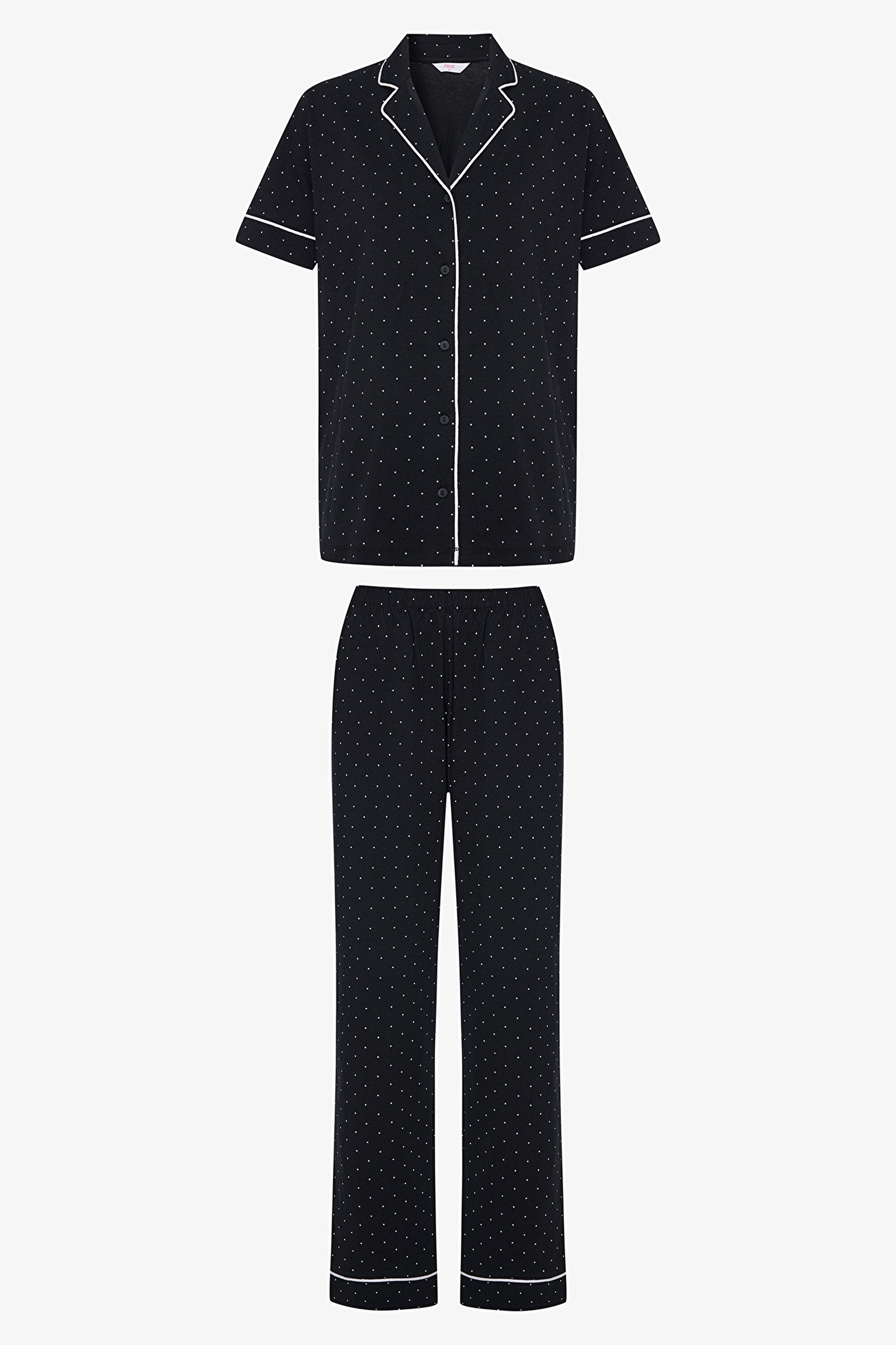 White Dotted Shirt Pants Black Pajama Set