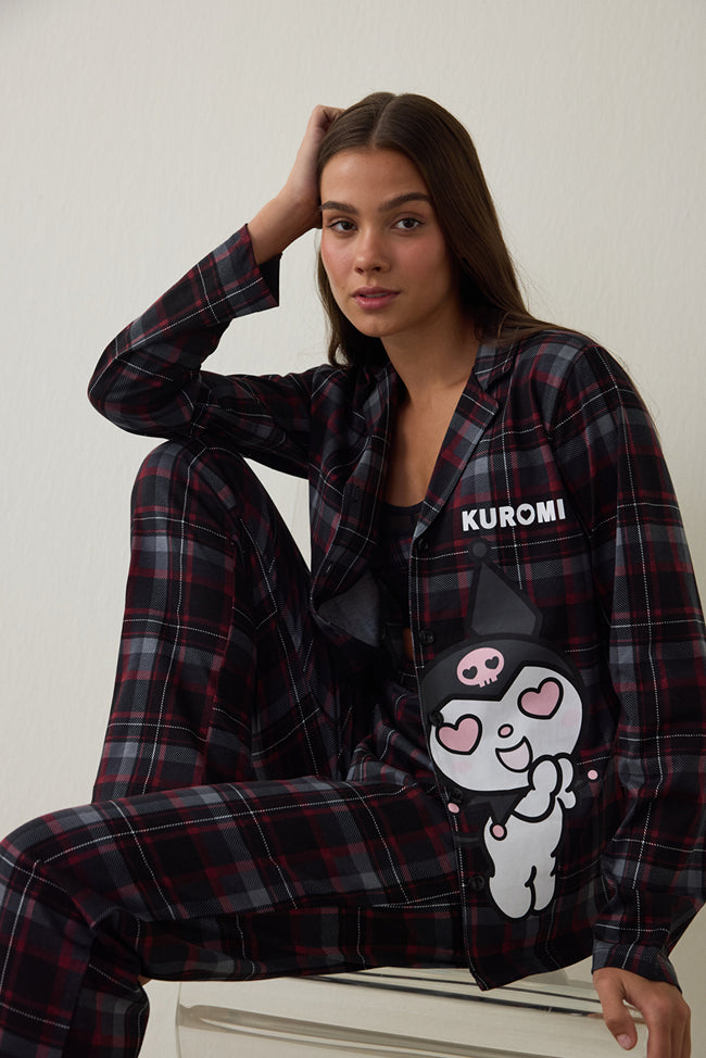 Black Kuromi Print Plaid Oversize Cotton Long-Sleeve Shirt Pajama Set Hover Image