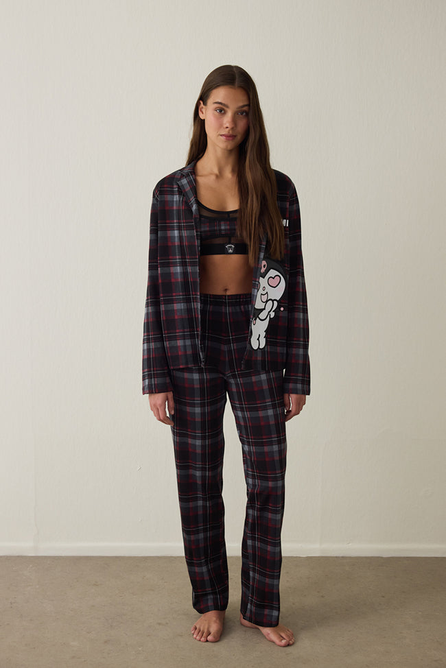 Black Kuromi Print Plaid Oversize Cotton Long-Sleeve Shirt Pajama Set Main Image