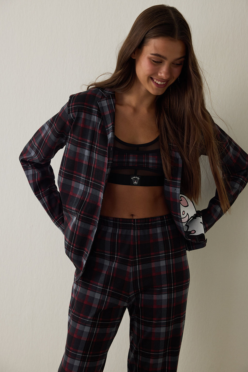 Black Kuromi Print Plaid Oversize Cotton Long-Sleeve Shirt Pajama Set