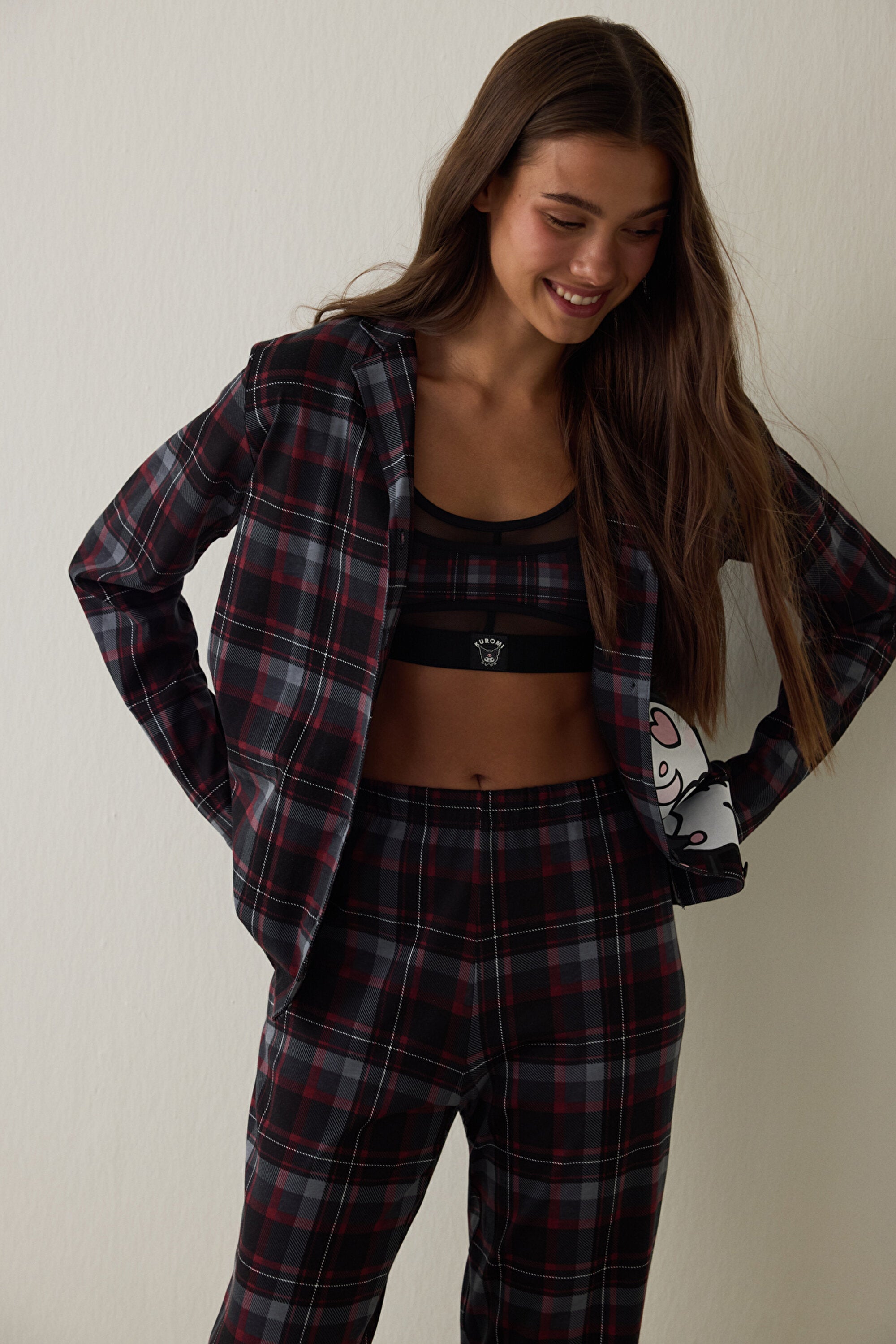 Black Kuromi Print Plaid Oversize Cotton Long-Sleeve Shirt Pajama Set