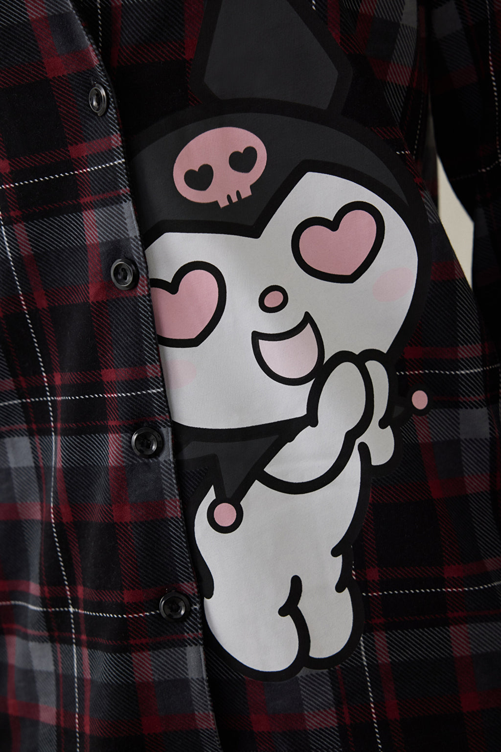 Black Kuromi Print Plaid Oversize Cotton Long-Sleeve Shirt Pajama Set