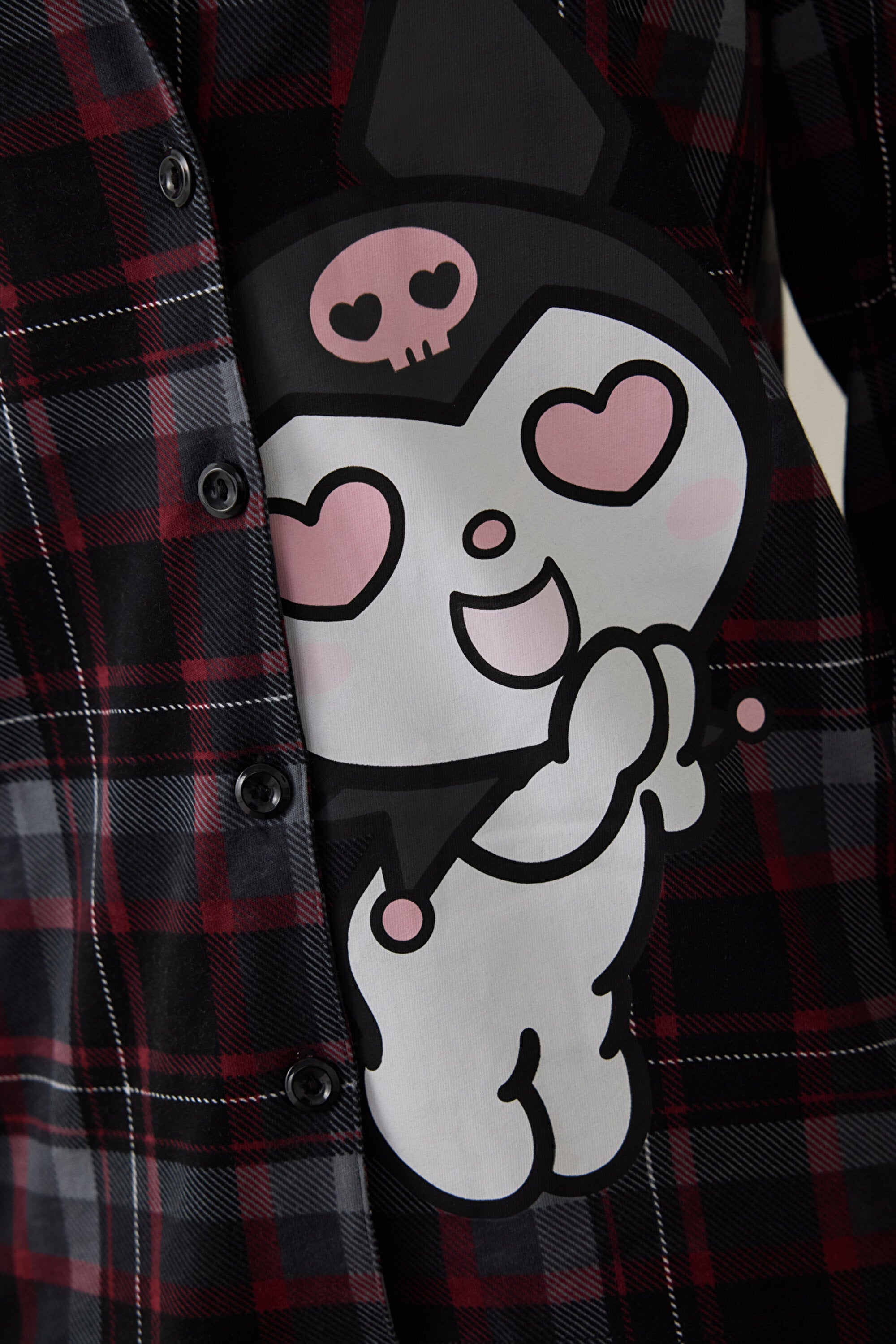 Black Kuromi Print Plaid Oversize Cotton Long-Sleeve Shirt Pajama Set