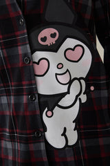 Black Kuromi Print Plaid Oversize Cotton Long-Sleeve Shirt Pajama Set