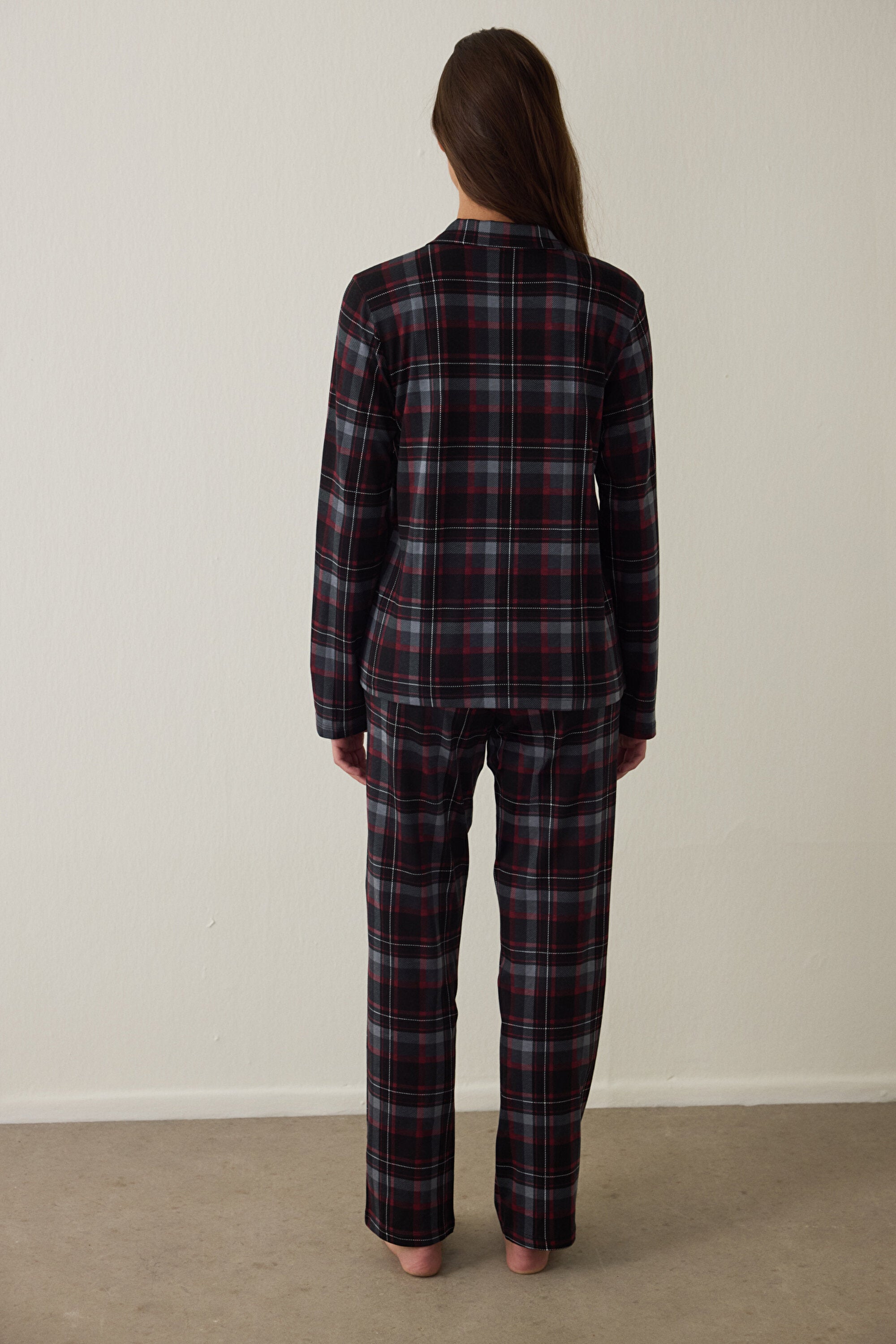 Black Kuromi Print Plaid Oversize Cotton Long-Sleeve Shirt Pajama Set