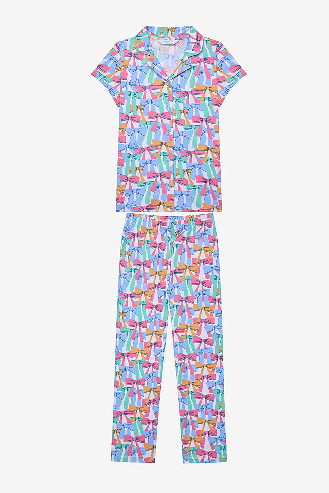 Girl Colorful Bows Shirt Off White Pajama Set Hover Image