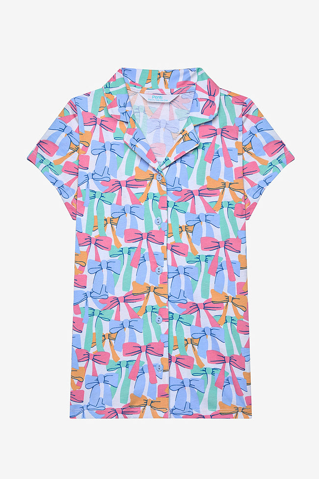 Girl Colorful Bows Shirt Off White Pajama Set Main Image