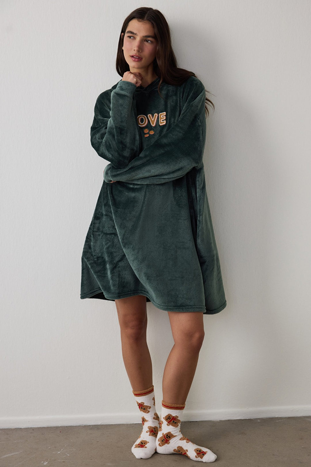 Dark Green Love Fluffy Embroidered Slogan Hooded Robe