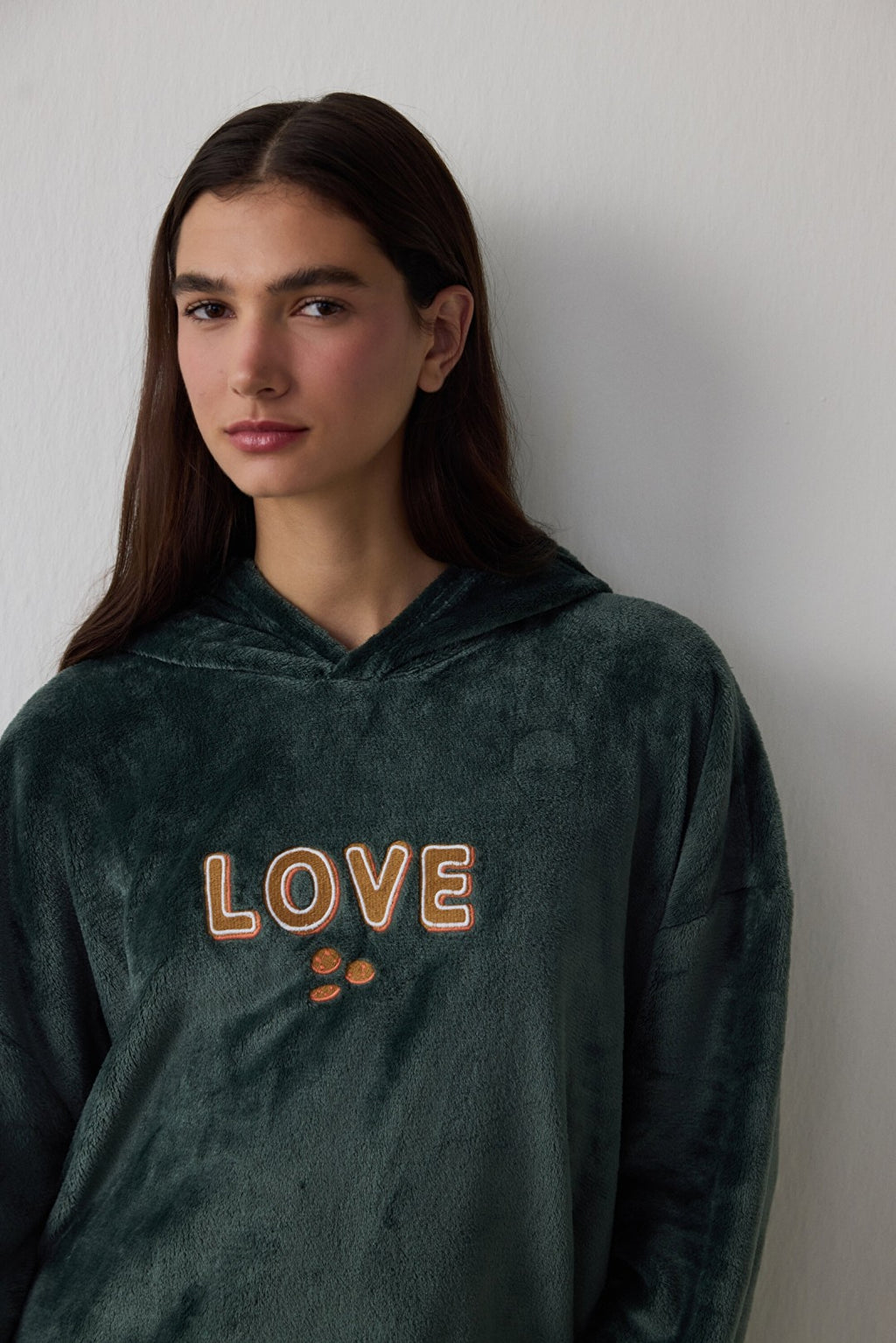 Dark Green Love Fluffy Embroidered Slogan Hooded Robe
