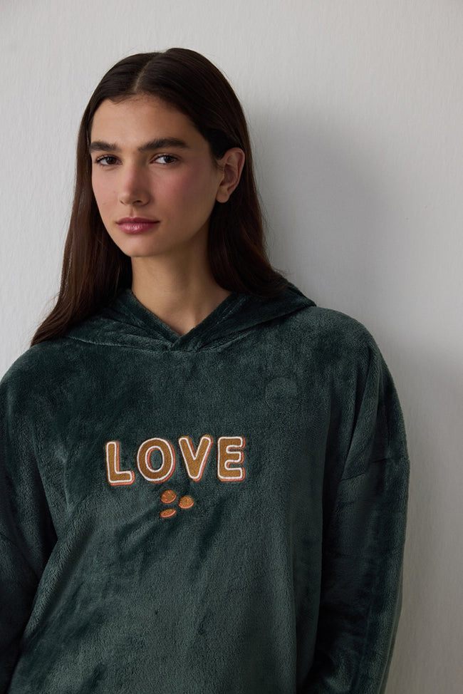 Dark Green Love Fluffy Embroidered Slogan Hooded Robe Main Image