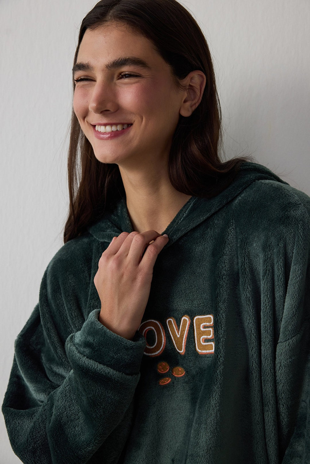 Dark Green Love Fluffy Embroidered Slogan Hooded Robe