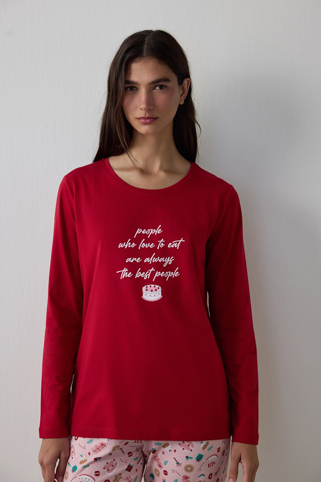 Red Joyous Time Christmas Themed Crew Neck Cotton Long-Sleeve Pajama Set