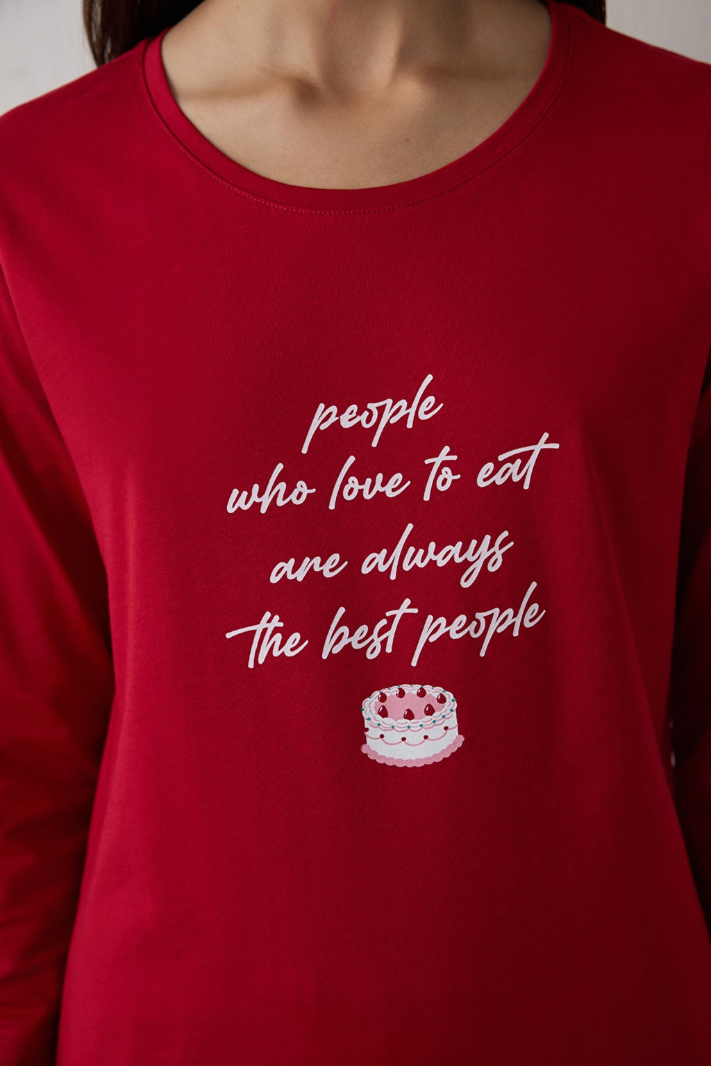 Red Joyous Time Christmas Themed Crew Neck Cotton Long-Sleeve Pajama Set