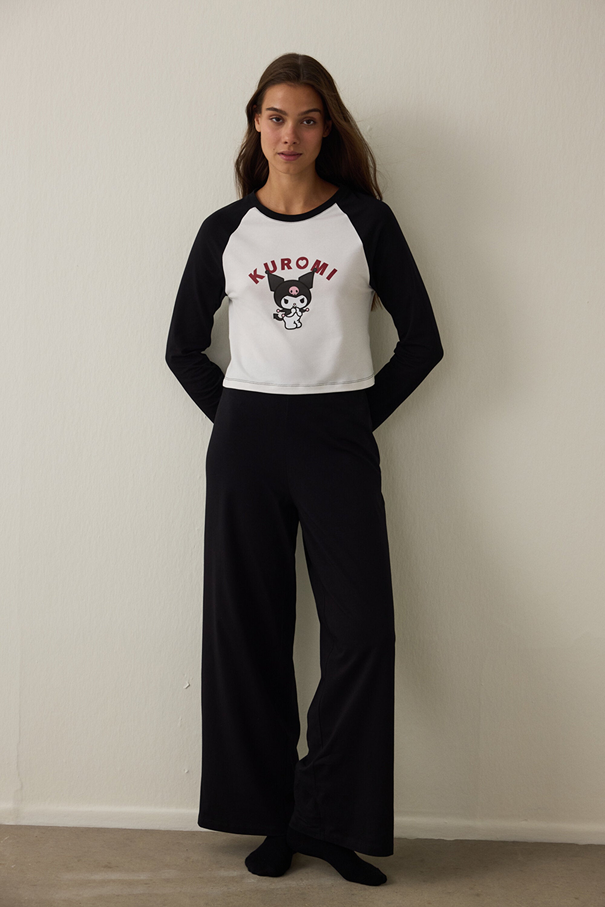 Off-White Kuromi Print Boat Neck Cotton Long-Sleeve Pajama Set