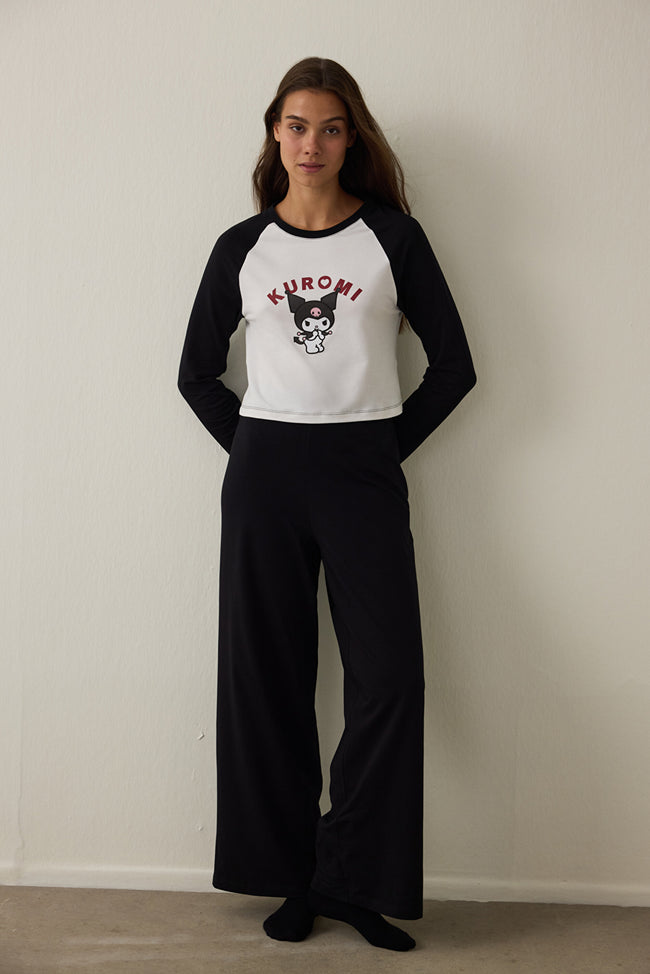 Off-White Kuromi Print Boat Neck Cotton Long-Sleeve Pajama Set Hover Image