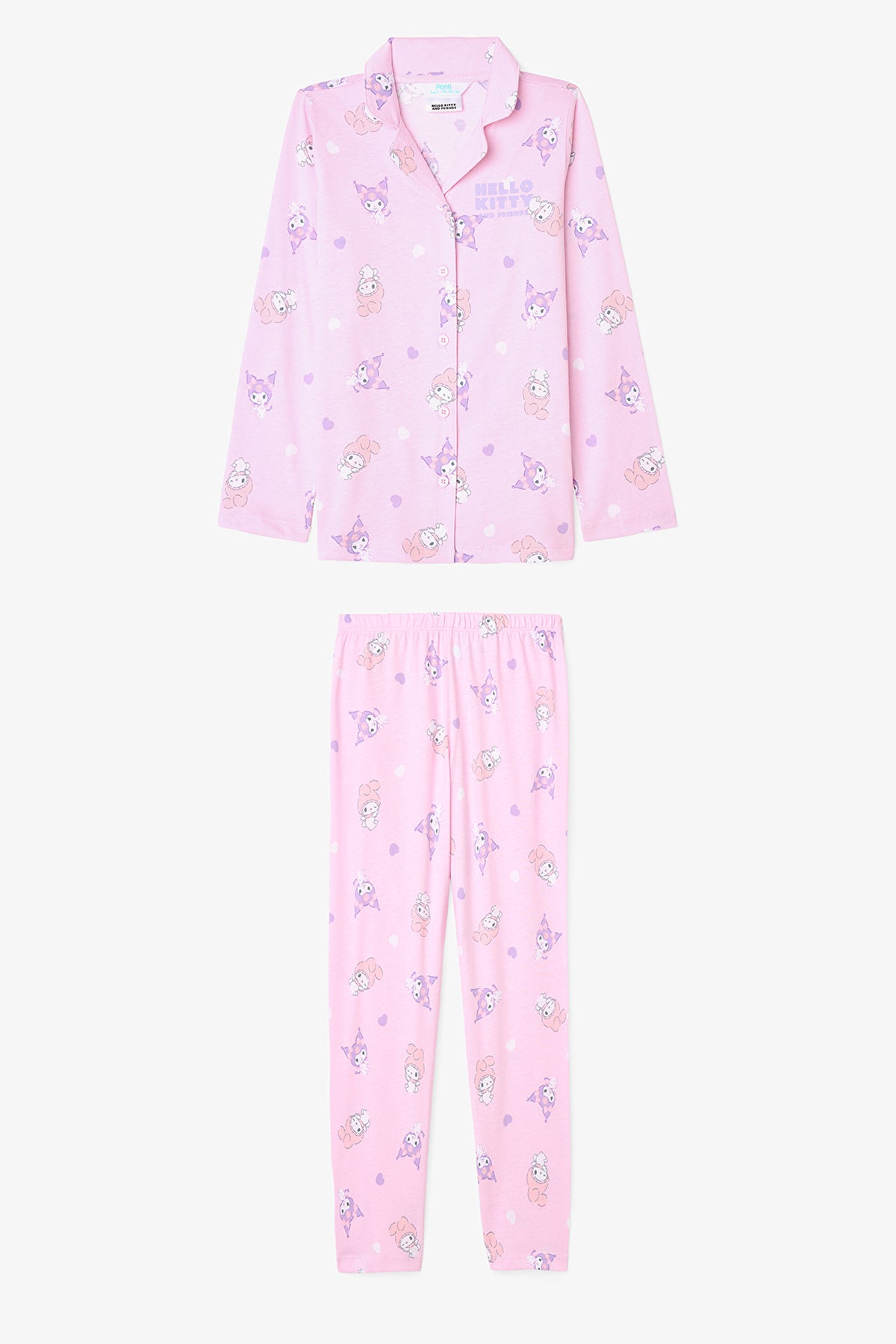 Light Pink Girls Kuromi Friends Cotton Shirt Pajama Set