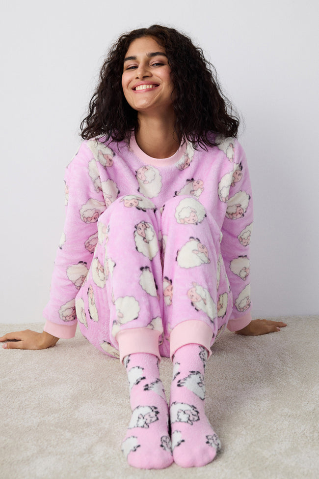Cute Sheeps Lilac Pants Pajama Set Hover Image