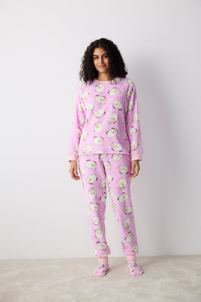Cute Sheeps Lilac Pants Pajama Set Main Image