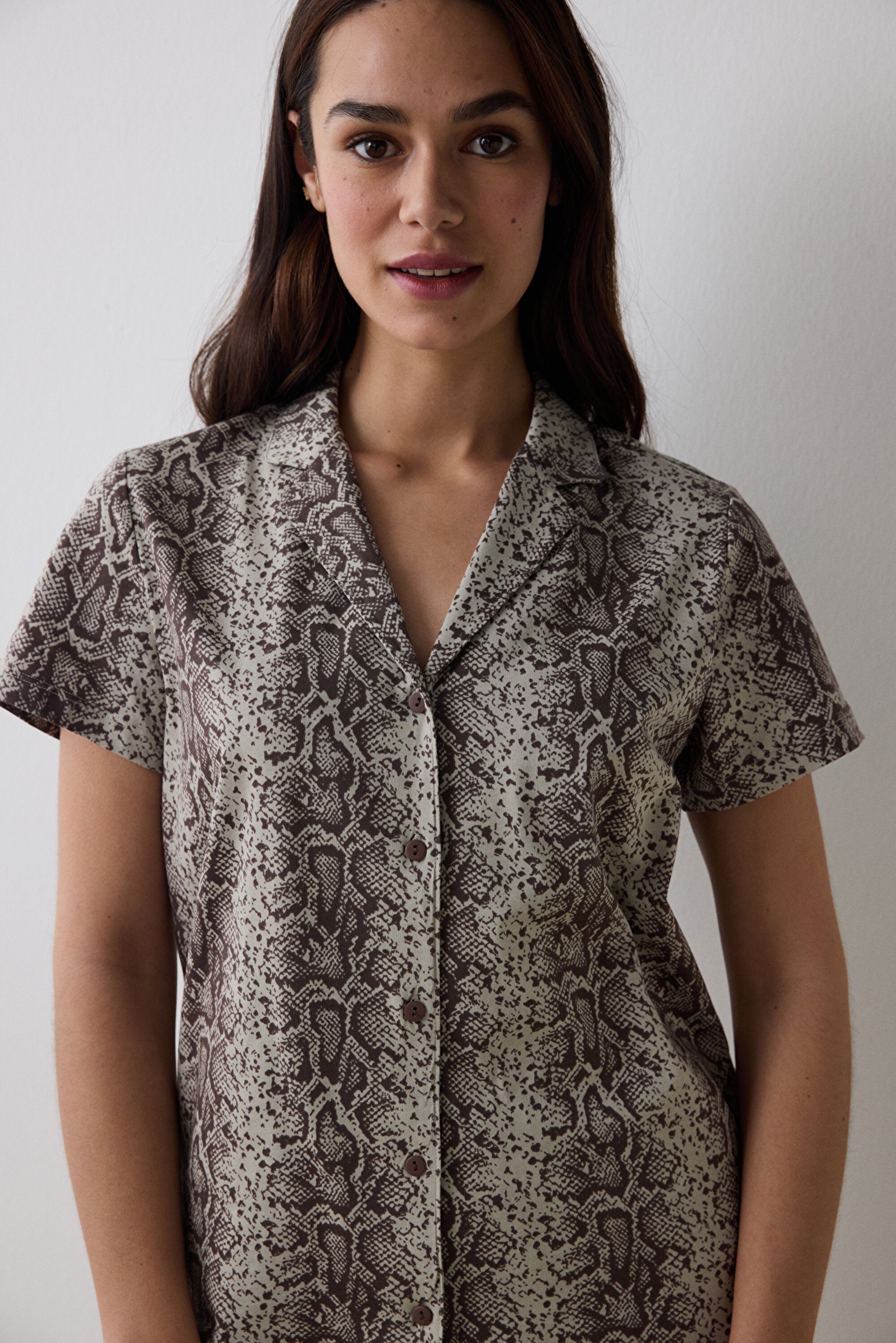 Printed Brown Shirt Shorts Pajama Set