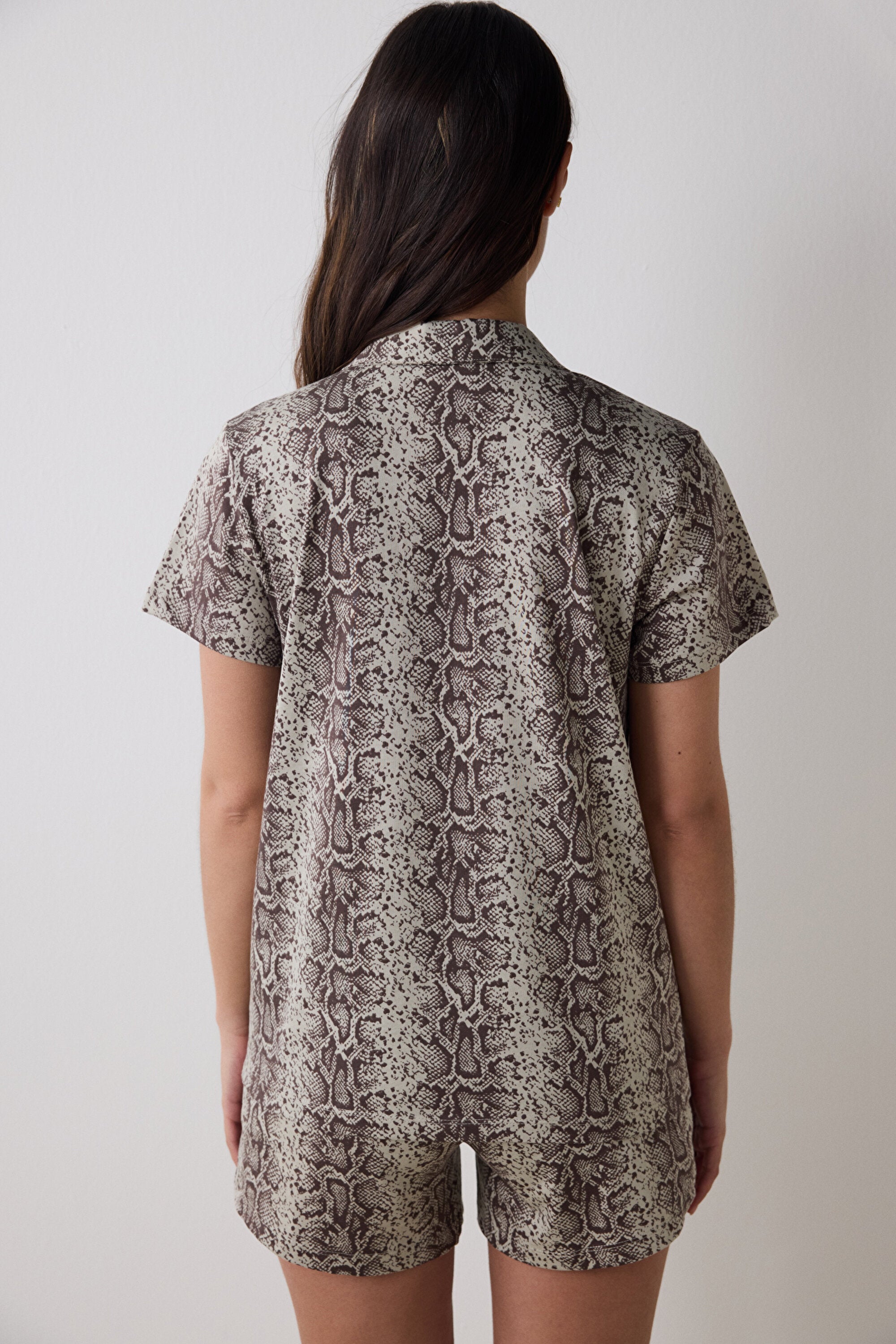 Printed Brown Shirt Shorts Pajama Set