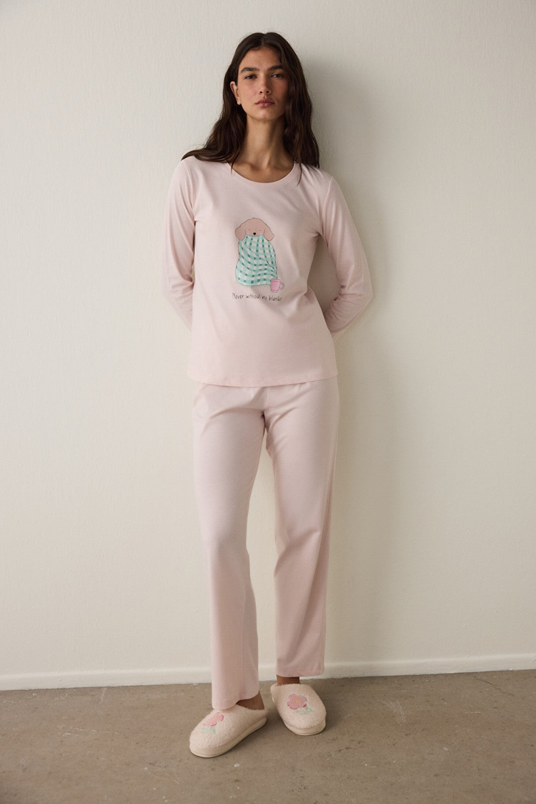 Lila Blanket Slogan Printed Crew Neck Long Sleeve Pajama Set