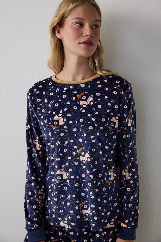 Navy Blue Bear Patterned Sweatshirt Pajama Top Hover Image
