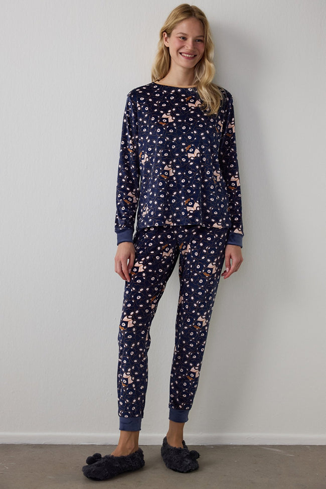 Navy Blue Bear Patterned Sweatshirt Pajama Top Main Image