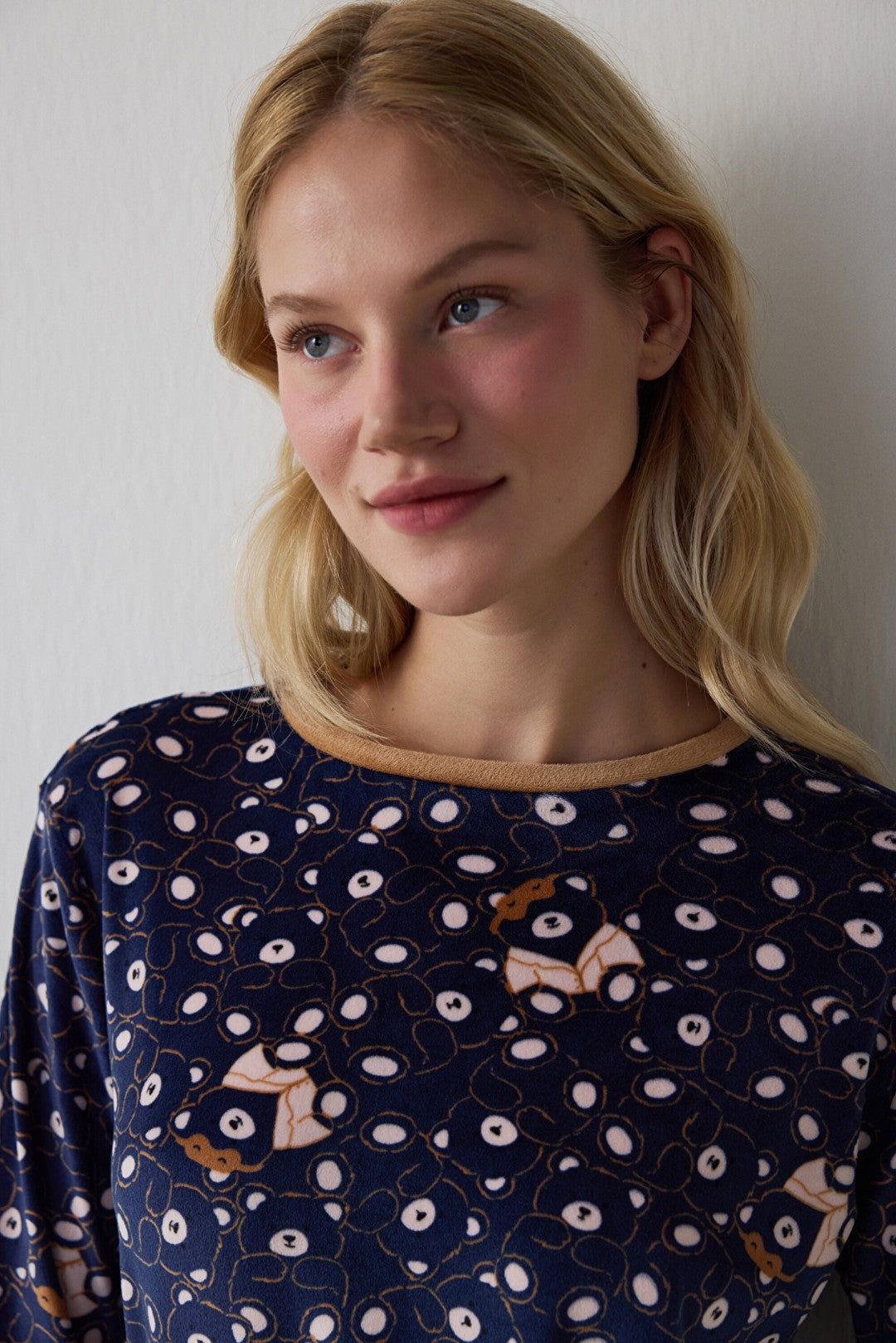 Navy Blue Bear Patterned Sweatshirt Pajama Top