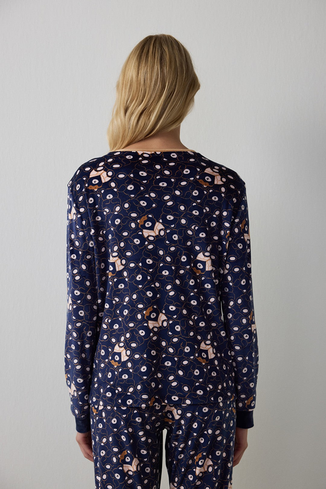 Navy Blue Bear Patterned Sweatshirt Pajama Top