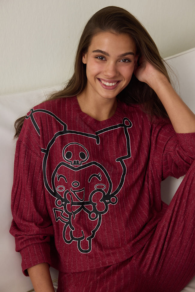Burgundy Kuromi Print Long-Sleeve Pajama Set Hover Image