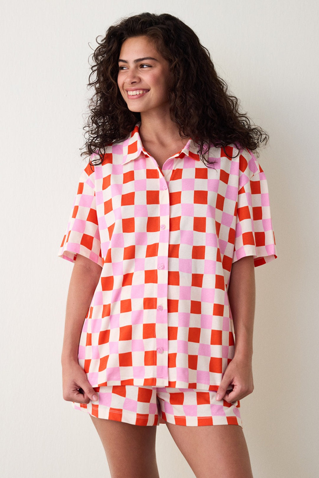 Plaid Shirt Collar Cotton Short Sleeve Buttoned Shorts Pajama Set