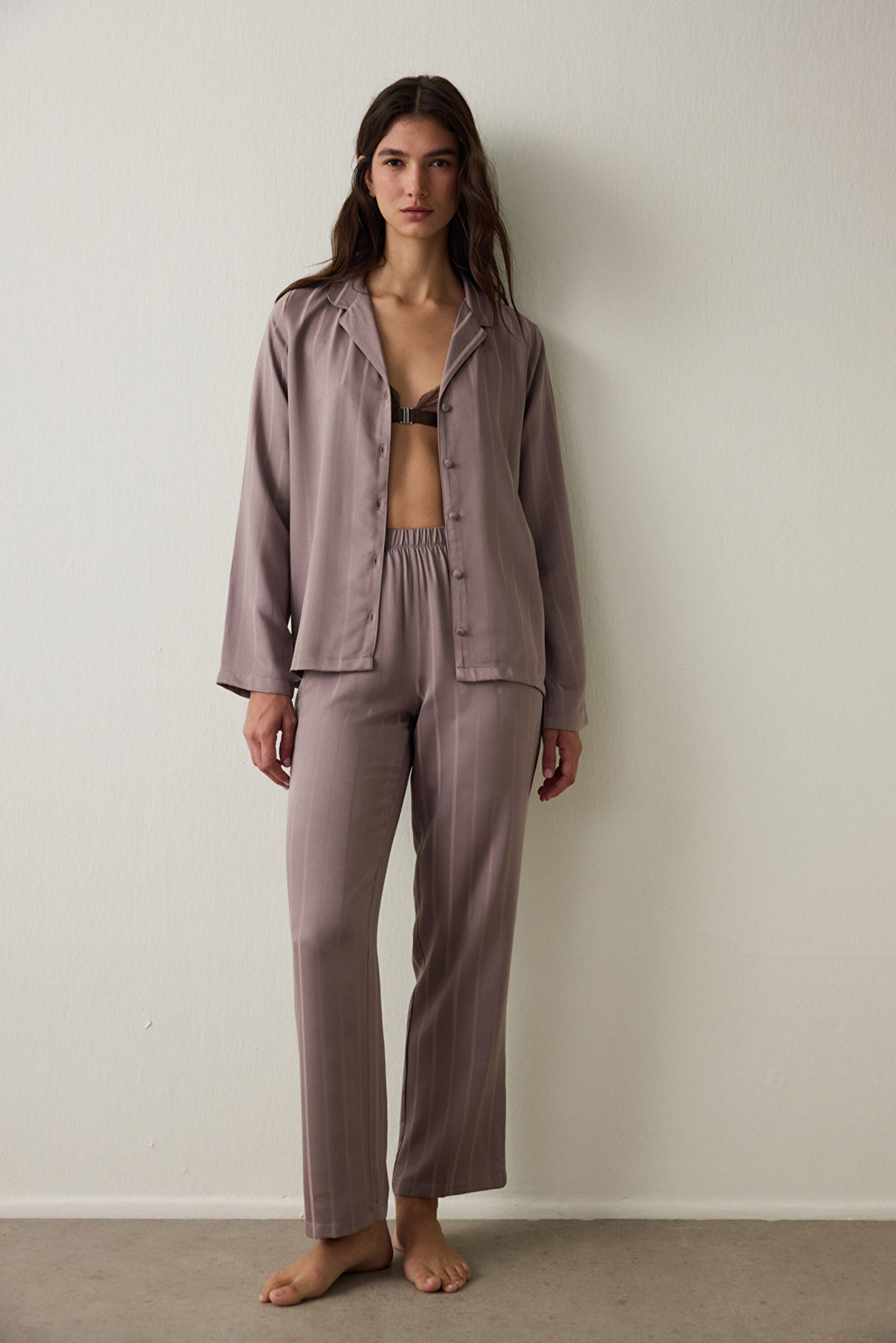 Dark Beige Emilia Tie-Detail Shirt Collar Satin Pajama Set
