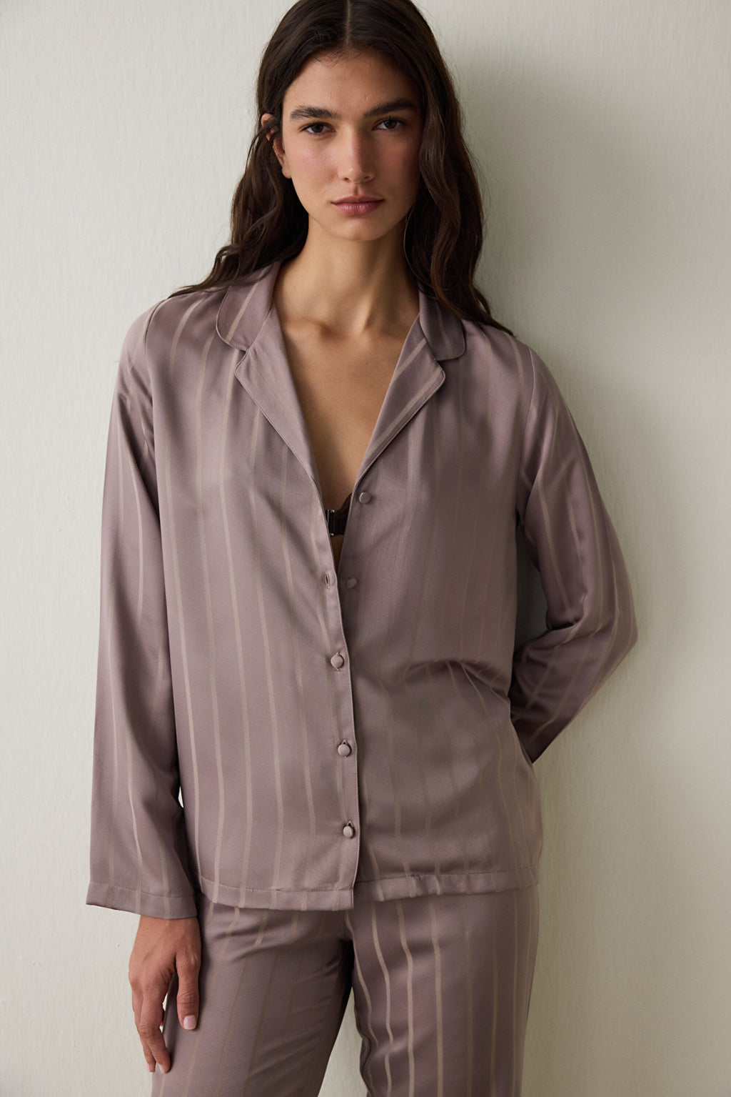 Dark Beige Emilia Tie-Detail Shirt Collar Satin Pajama Set