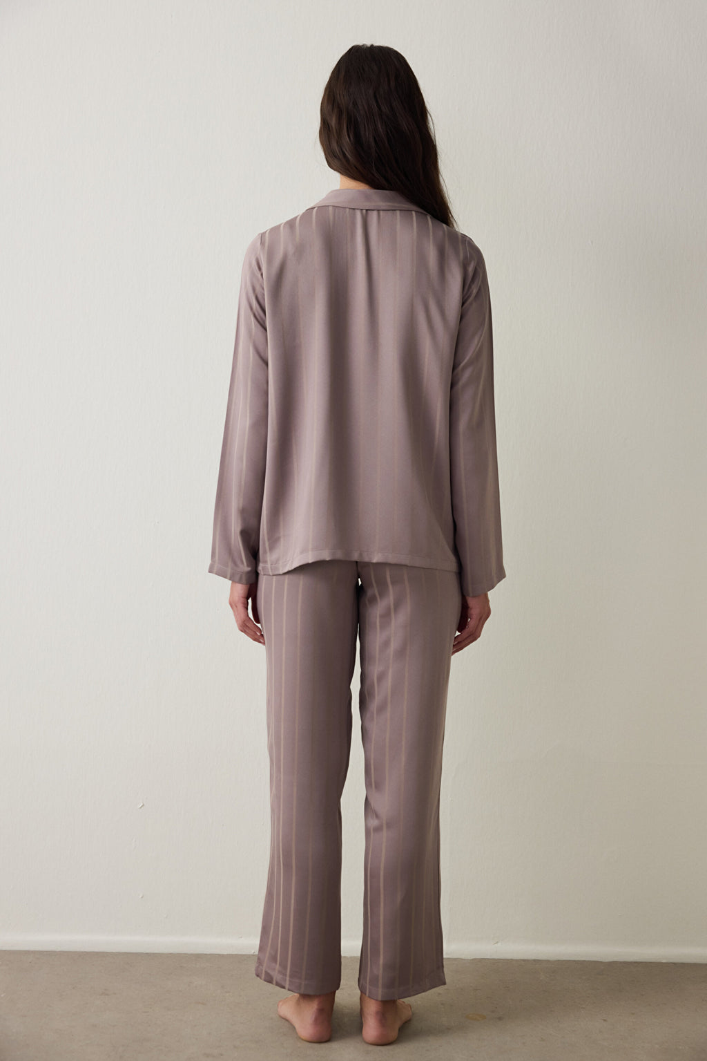 Dark Beige Emilia Tie-Detail Shirt Collar Satin Pajama Set