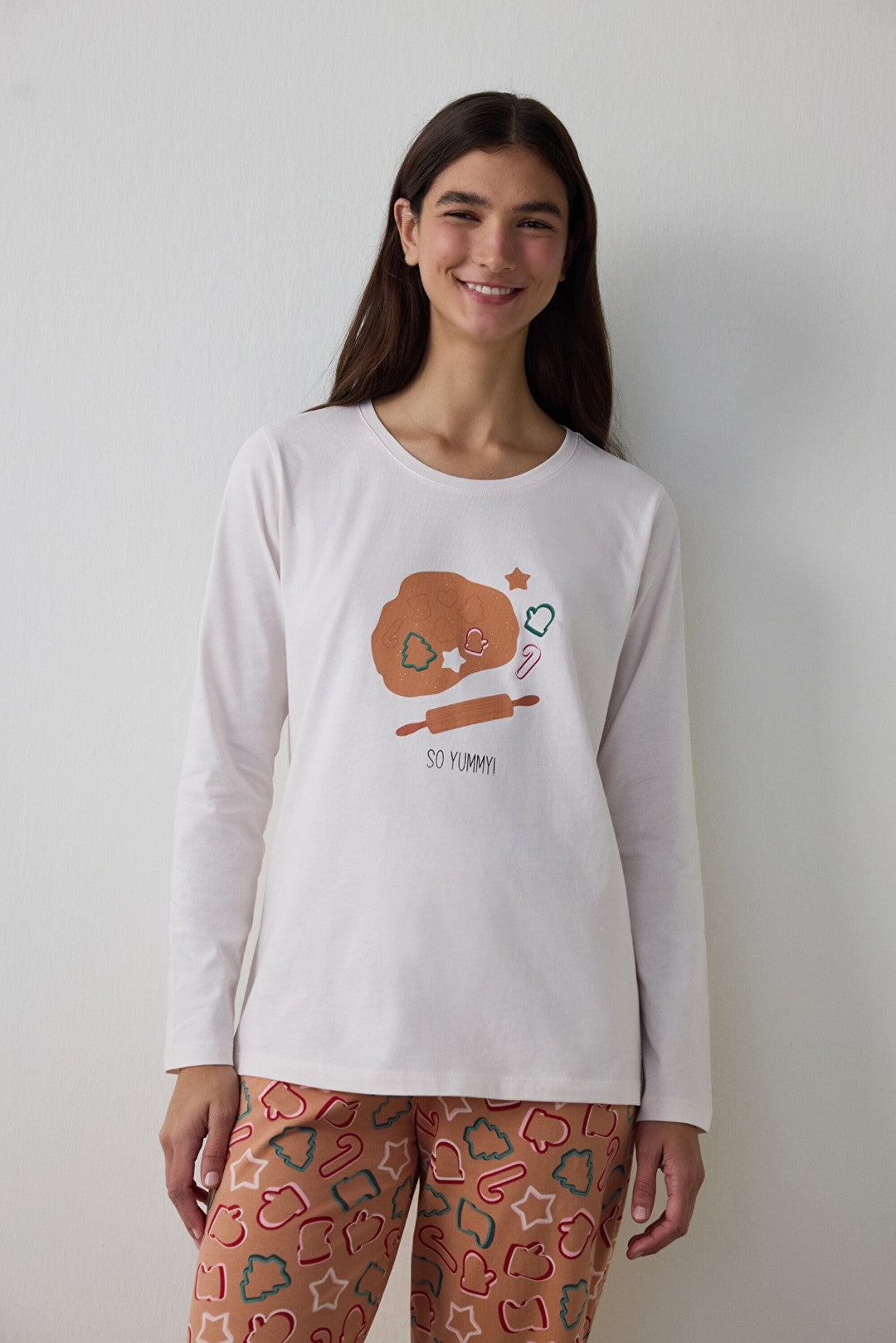 Tan Cookies Crew Neck Long Sleeve Cotton Pajama Set