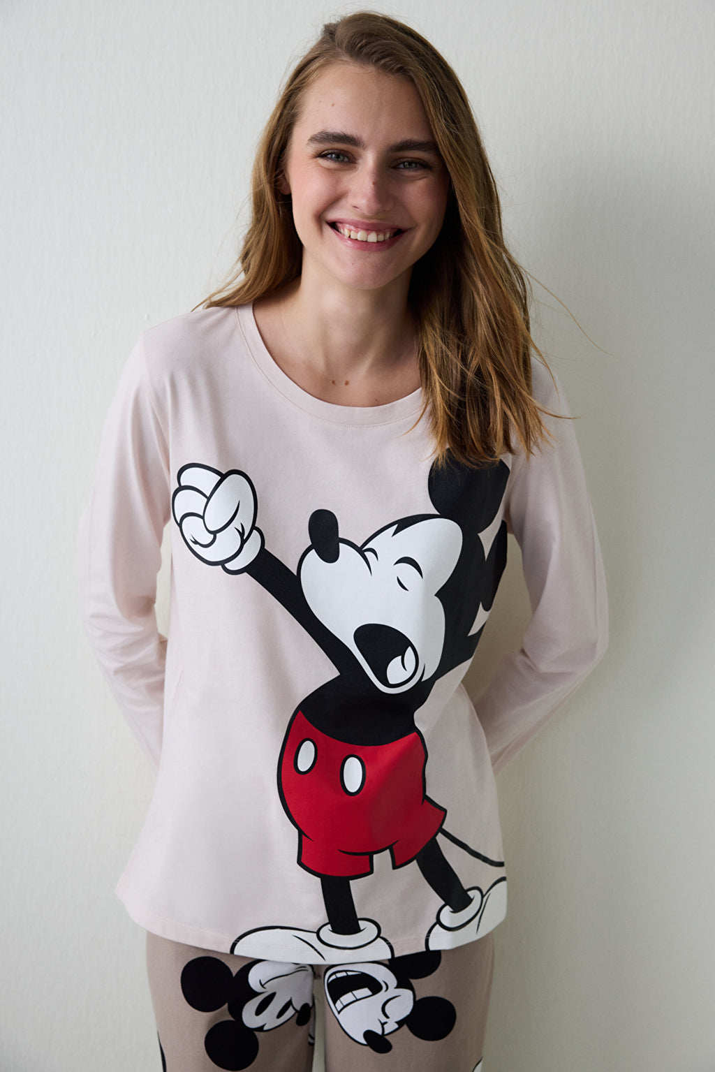 Beige Mickey Mouse Print Crew Neck Cotton Long-Sleeve Pajama Set