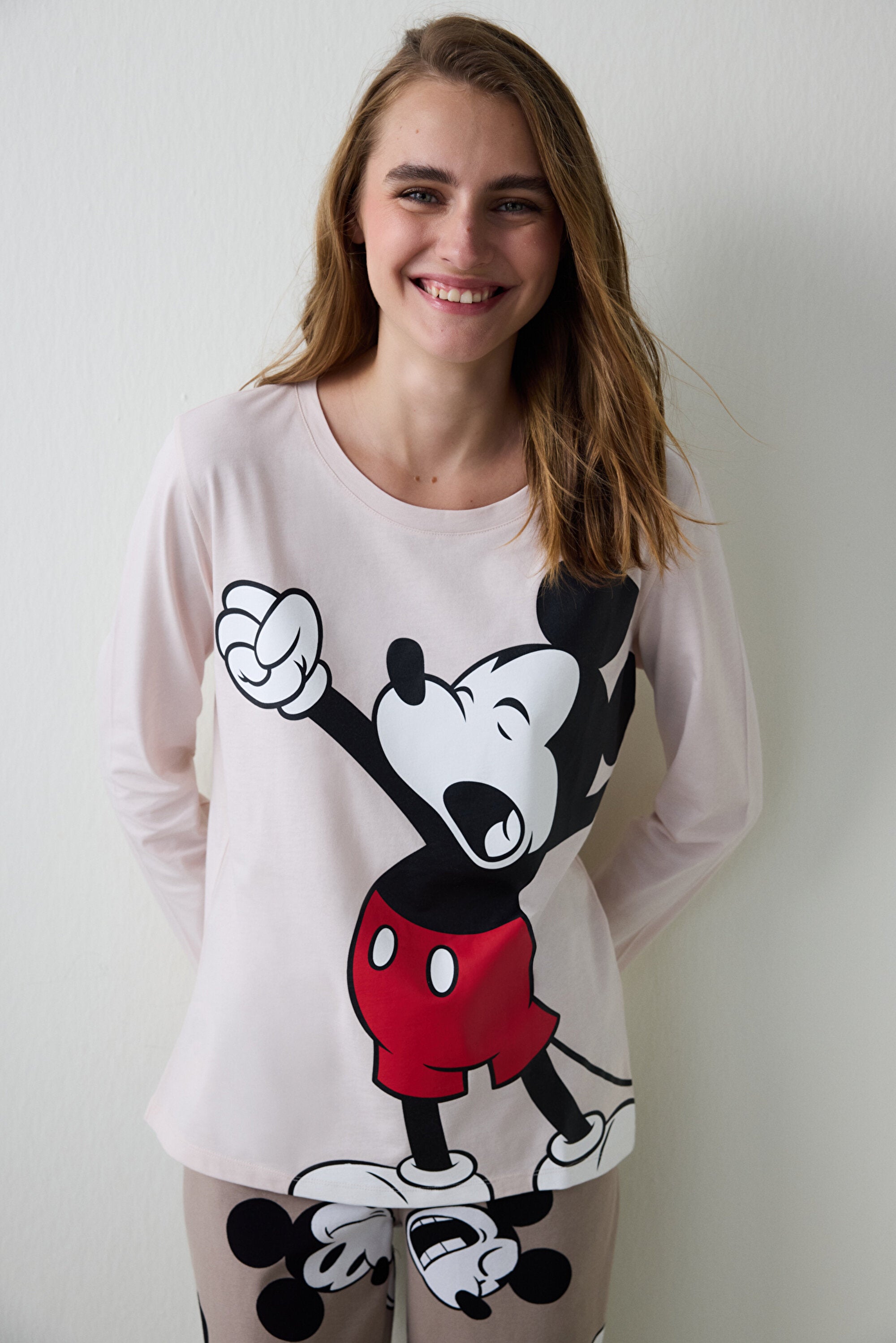 Beige Mickey Mouse Print Crew Neck Cotton Long-Sleeve Pajama Set