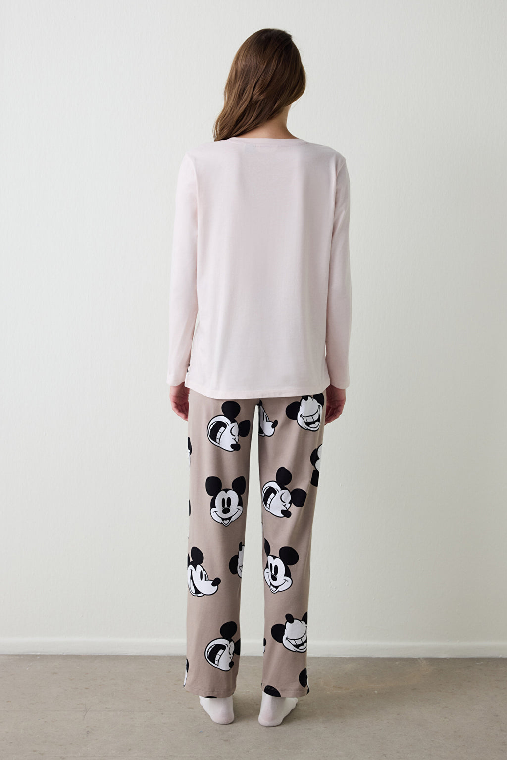 Beige Mickey Mouse Print Crew Neck Cotton Long-Sleeve Pajama Set