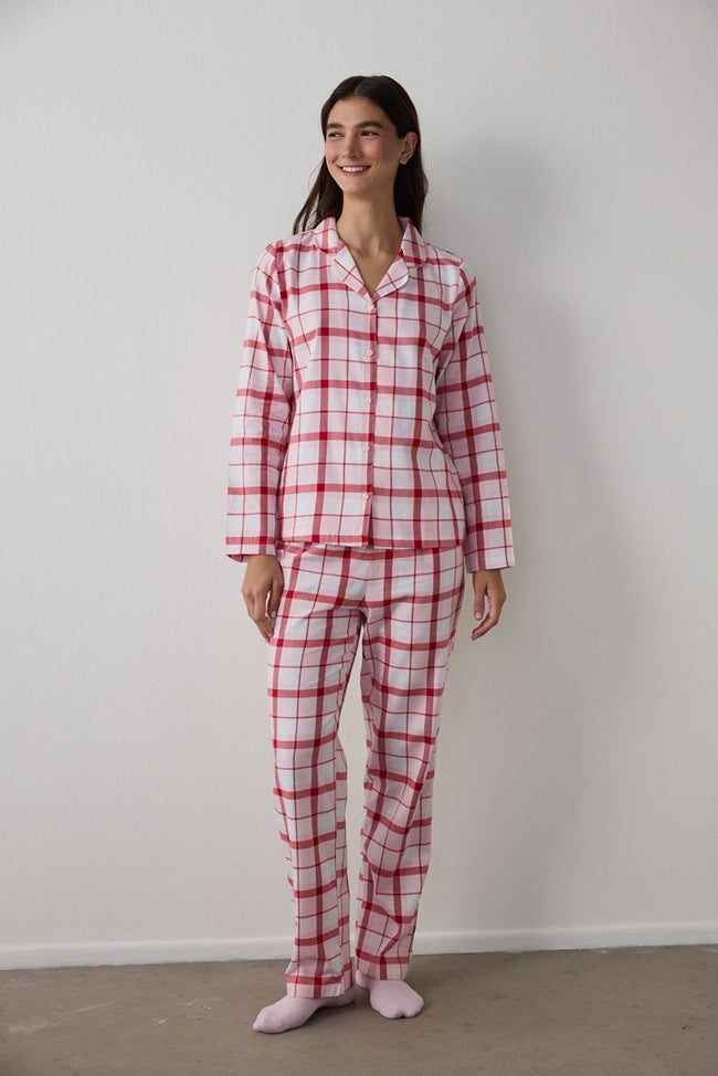 Rose Pink Modal Plaid Shirt Collar Buttoned Cotton Pajama Set Hover Image