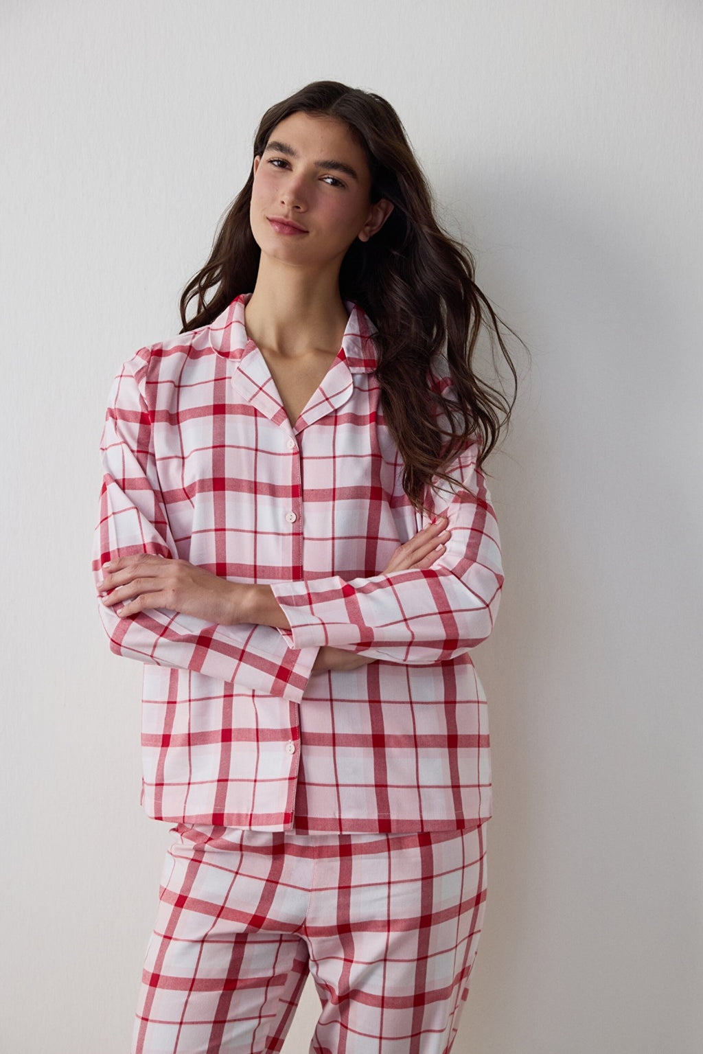 Rose Pink Modal Plaid Shirt Collar Buttoned Cotton Pajama Set