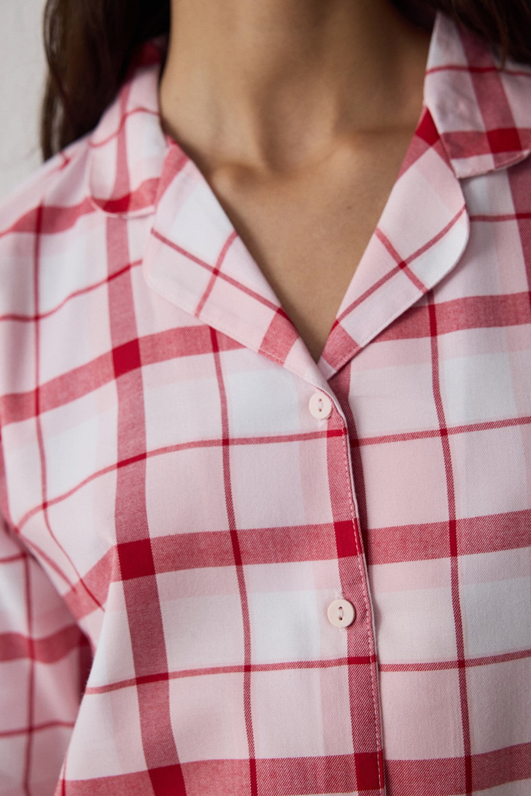 Rose Pink Modal Plaid Shirt Collar Buttoned Cotton Pajama Set