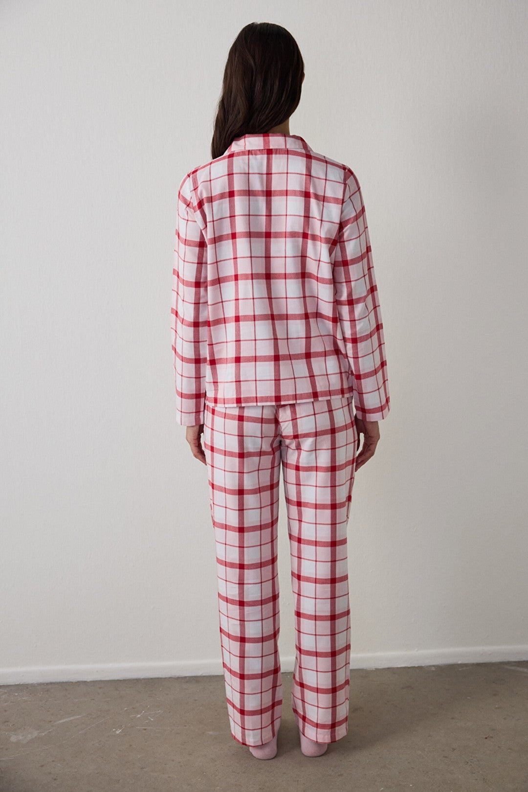 Rose Pink Modal Plaid Shirt Collar Buttoned Cotton Pajama Set