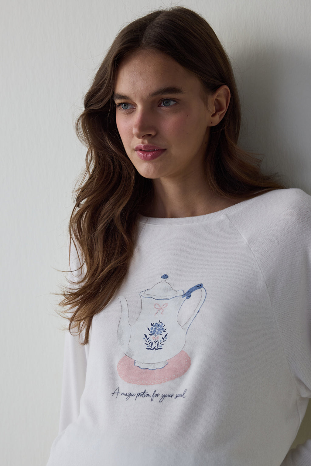 Off White Tea Time Crew Neck Thermal Effect Sweatshirt Pajama Top